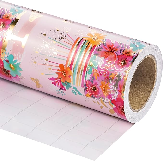 WRAPAHOLIC Foil Pink Birthday Wrapping Paper - Mini Roll - 17 Inch x 16.5 Feet - Floral Cake Wrapping Paper for Kids Girls Women Birthday, Baby Shower, Bridal Shower, Wedding
