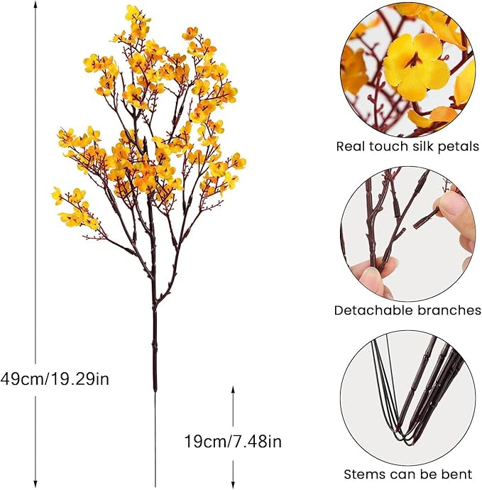 8Pcs Babys Breath Artificial Flowers, Real Touch Yellow Silk Flowers Fake Flowers for Vase Home Office Wedding Christmas Indoor Outdoor Centerpiece Table Party Decorations