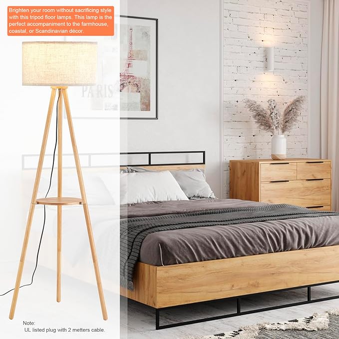 Wood Tripod Floor Lamp with Shelf & 3 Color Temparature LED Bulb, Modern Nordic Wooden Standing Floor lamp Linen Shade for Living Room, Bedroom, Office, ETL Listed/Natural Wood Color