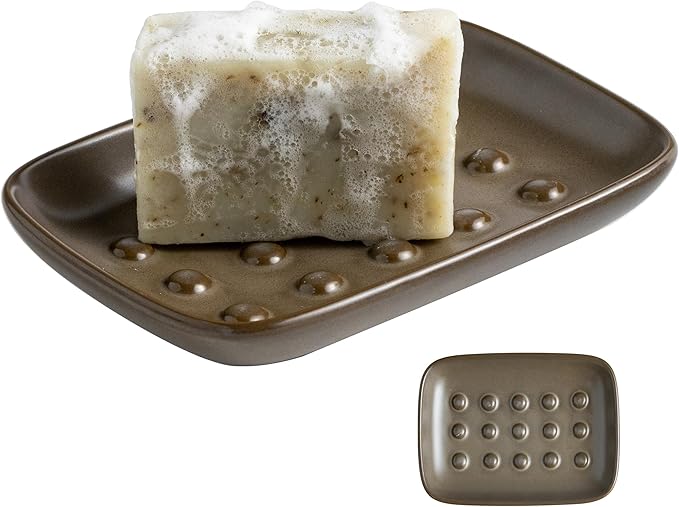 Miamolo Soap Dish for Shower, Ceramic Bar Soap Holder, Soap Saver Non-Slip, Decorative Sponge Tray for Bathroom Kitchen Sink Bathtub, Multi-Purpose, Raised Pattern - Keep Soap Dry, Brown