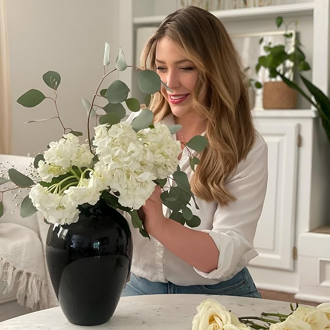 Willowy 10 Inch Glossy Porcelain Vase - Large Black Ceramic Vase, Black Vases for Centerpieces, for Home Decor, Tall Vase for Flowers, Modern Vases for Flowers