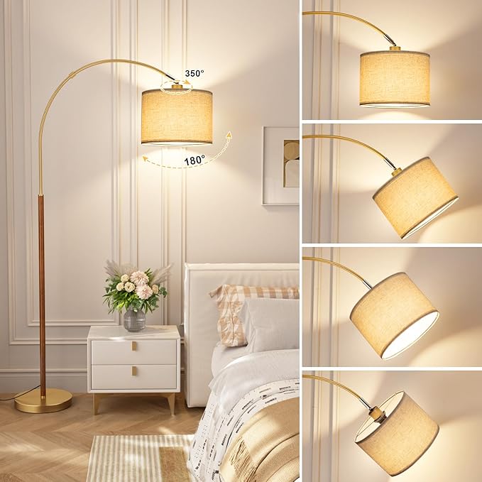 Ambimall Dimmable Arc Floor Lamp with Remote, Color Temperatures and Brightness Adjustable, Arched Floor Lamp with Rotating Head, Over Couch Arched Reading Light for Living Room (Gold and Wood Grain)