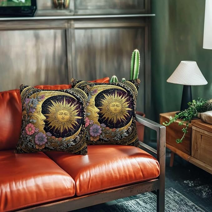 Sun and Moon Decorative Pillow Covers 18x18 Set of 2 | Cushion Cases with Invisible Zipper | Home Decor Throw Pillowcases for Couch, Sofa and Livingroom