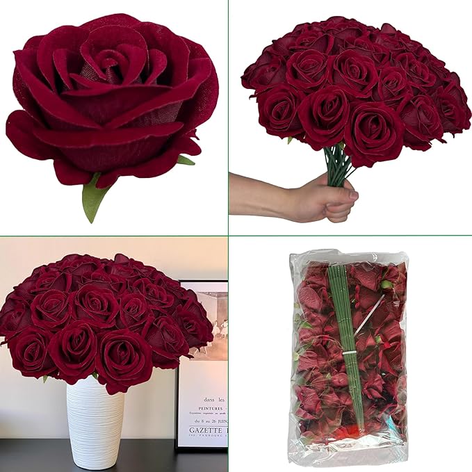 FagusHome 30 Pcs Silk Rose Artificial Flowers Roses Bulk Bouquet Fake Flowers Rose Heads with Stems for Home Wedding Decor (Dark Red)