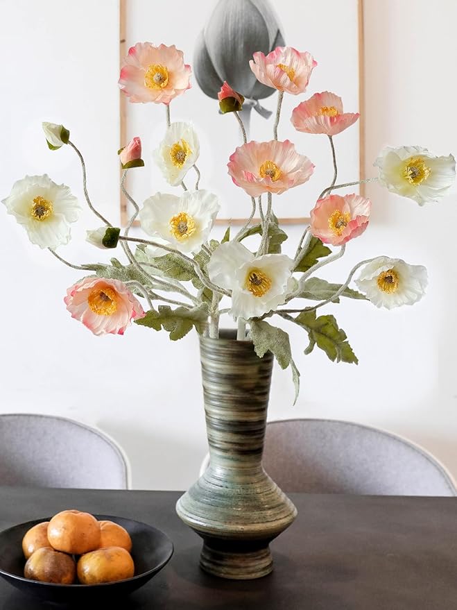 6PCS Champagne Pink Poppy Flowers Artificial Faux Flowers with Silk Stems Poppies Spring Bouquets for Home Party Halloween Centerpiece Table Baby Shower Decor