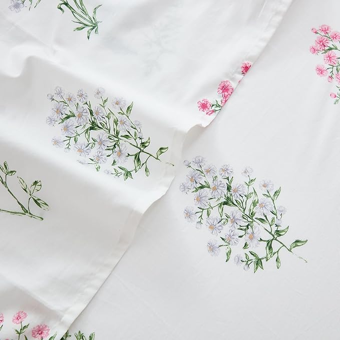 100% Cotton Sheet Set Queen Size – 4-Piece Chic Garden Floral White Bedding Set, Soft Breathable Percale Weave, Deep Pocket Fitted Sheet 17.5", Crisp Cool Feel, Refined Botanical Elegance