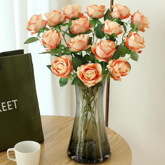 15Pcs Pearl Sunset Red Roses Artificial Flowers Fake Roses Long Stem Velet Rose Silk Flowers for Home Wedding Decoration (Pearl Roses,Sunset Red)