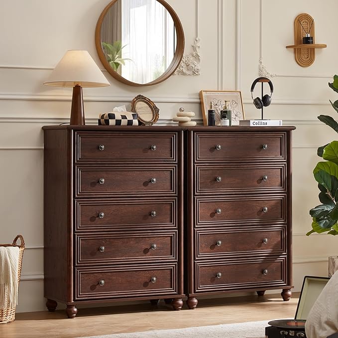 Farmhouse 5 Drawers Dresser Set of 2 for Bedroom, Wood 45" Tall Chest of Drawers, Dresser Rustic Storage Dressers Organizer with Metal Handle Closet for Living Room, Hallway Entryway(Walnut)