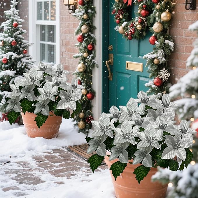 8 Pack 5 Heads Christmas Artificial Poinsettia Flowers Faux Poinsettia Bush Bouquets Silk Poinsettia Christmas Tree Ornaments Poinsettia Flower Arrangement for Home Decor