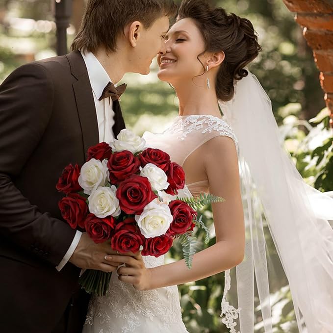 Veryhome Artificial Flowers Silk Roses Real Touch Bridal Wedding Bouquet for Home Garden Party Floral Decor 10 Pcs (Blooming Rose - Gradient Burgundy Red)
