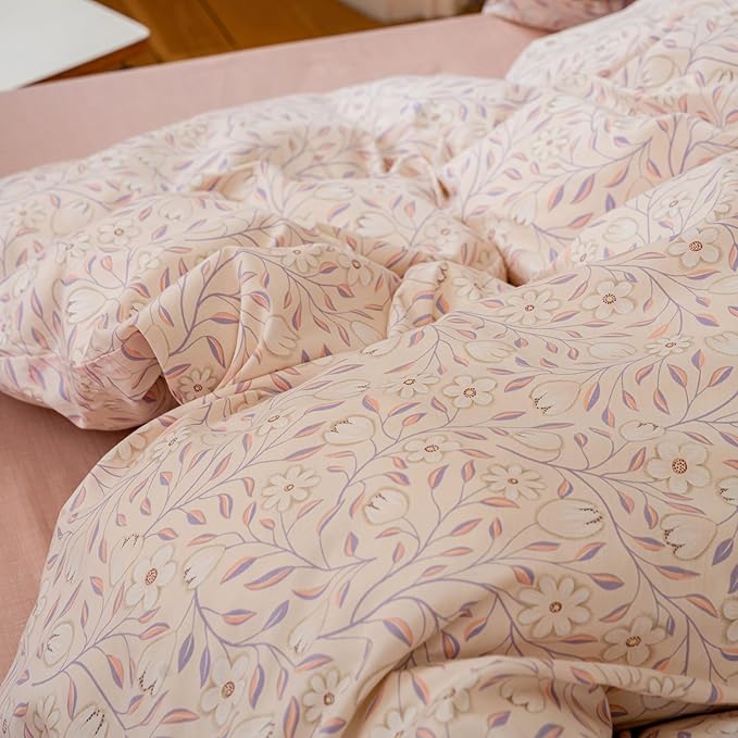 EAVD Pink Botanical Duvet Cover Queen - Soft 100% Cotton Garden Floral Tree Branches Pattern Bedding Set with 2 Pillowcases Vintage Style Comforter Cover with Zipper Closure