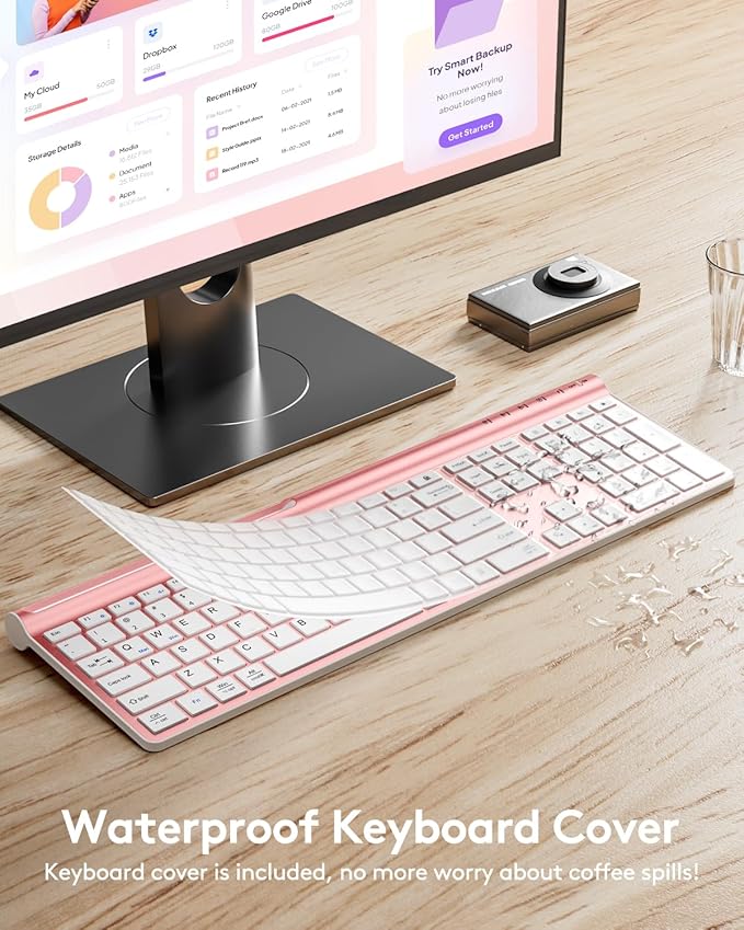 Samsers Wireless Keyboard and Mouse Combo Ultra Slim Rechargeable Dual-Mode (Bluetooth 5.0x2 +2.4G) Silent Keyboard and Mouse Set, Multi-Device Full-Size Design for MacOS/iOS/Android/Windows - Pink