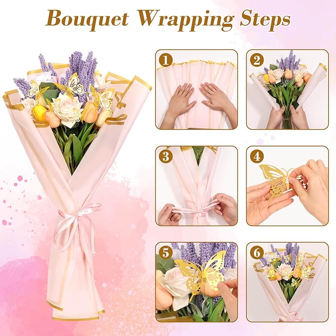 cridoz 20 Sheets Flower Bouquet Wrapping Paper with 12 Pieces Gold Butterfly Decorations for Flower Bouquets, Waterproof Floral Bouquet Wrapping Paper for Flower, Gift Wrapping(Pink)