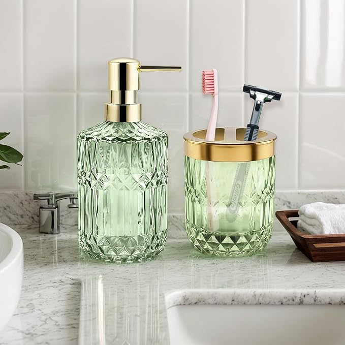 2Pcs Green Bathroom Accessories Set, Glass Bathroom Accessories, Vintage Bathroom Countertop Decoration Includes Soap Dispenser, Toothbrush Holder