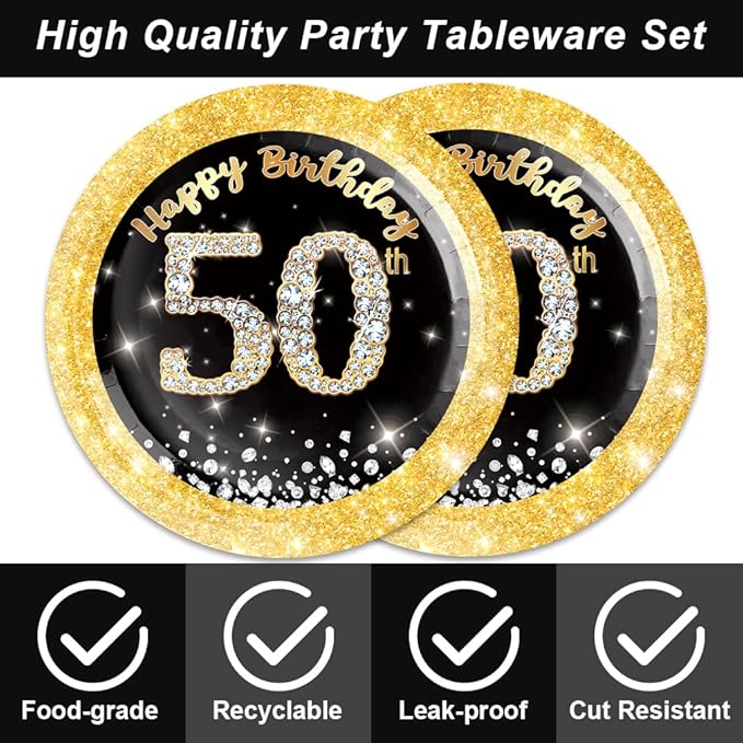 40Pcs 50th Birthday Decorations Black and Gold Cheers to 50 Years Plates and Napkins Sets Party Supplies for 20 Guests 50th Birthday Decorations Men Women