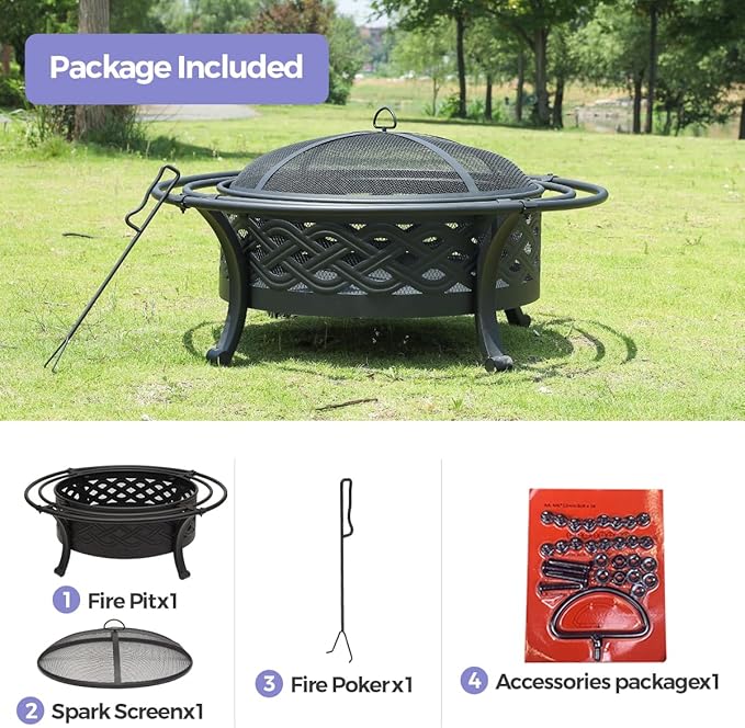 Panovue 36 Inch Fire Pit with 2 Loops,Crossweave Wood Burning Fire Pits for Outside,with Spark Screen,Fire Poker,Round Outdoor Firepit for Patio,Yard,Garden,Camping,Bonfire(36''Black)
