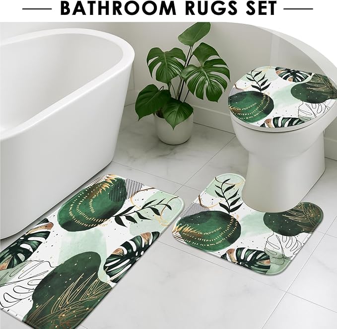 Sage Green Boho Shower Curtain Set with Toilet Lid Cover and Non-Slip Rugs, Mid Century Plant Abstract Olive 4 Pcs Modern Shower Curtain for Bathroom Set with 12 Hooks