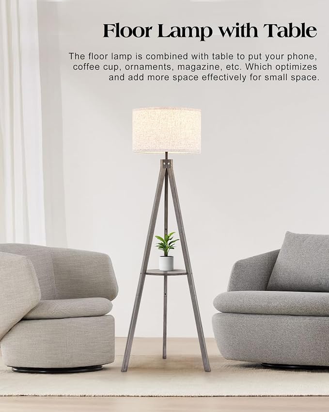 ELYONA Farmhouse Wood Tripod Floor Lamp with Table, Modern Reading Standing Lamp with 3 Color Temperatures LED Blub & Linen Shade, Shlef Coner Light for Living Room, Bedroom, Study Room, Office, Grey