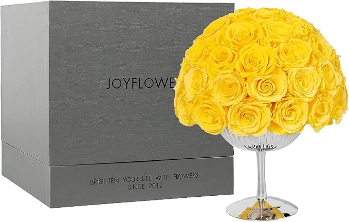 JoyFlower Preserved Flowers Vase Decor, Eternal Flower Vases for Centerpieces, Forever Flower Decorations for Party Home Wedding Table Living Room Bedroom, Stainless Steel Vase House Decor(Yellow)