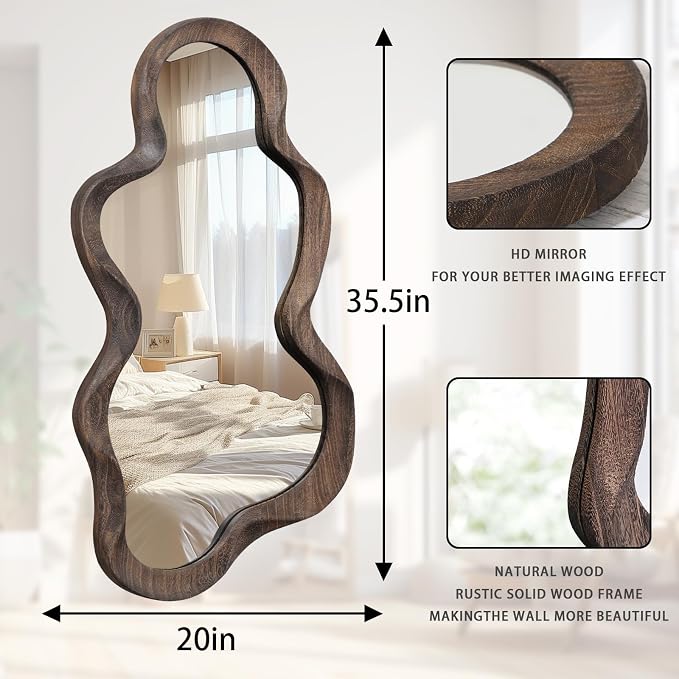 Asymmetrical Mirror for Wall Brown Irregular Wood Frame Modern Artistic Wall Mirror Decorative Vanity Bathroom Living Room Bedroom Entryway Hallway Cute and Stylish Cloud Mirror Large 36" x 20"