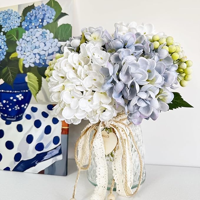 Faux Hydrangeas in Glass Vase, Artificial Fake Flower Silk Hydrangea Bouquet with Vase, Table Centerpiece Decorations Wedding Bouquets for Party Office Farmhouse Kitchen Home Decor