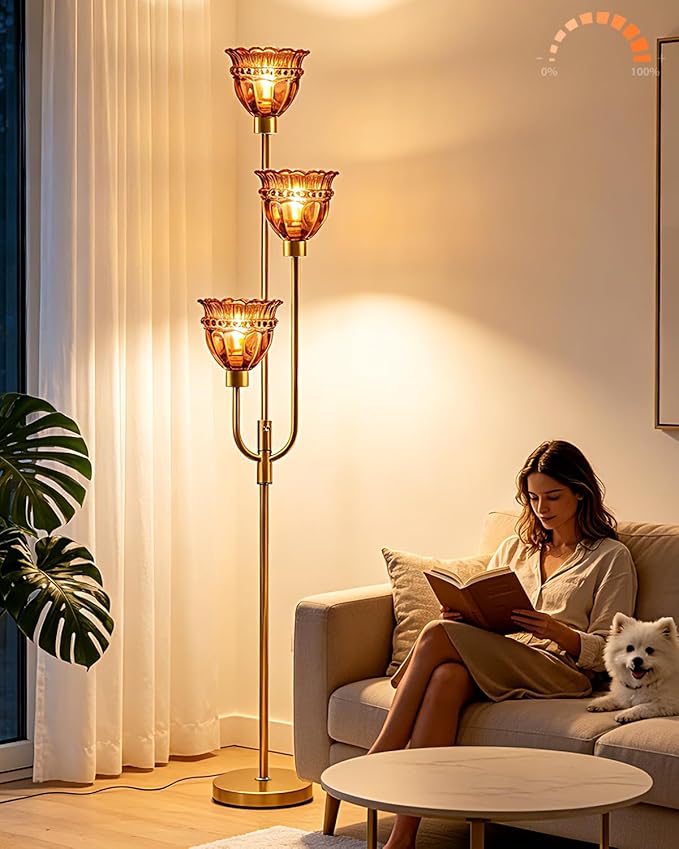 Lightdot 66IN 3-Lights Modern Glass Floor Lamp Gold Dimmable Floor Lamps with 3000K Warm White Bulbs for Wedding Party Tall Standing Lamp with Deep Red Glass Shade for Living Room/Bedroom/Home Decor