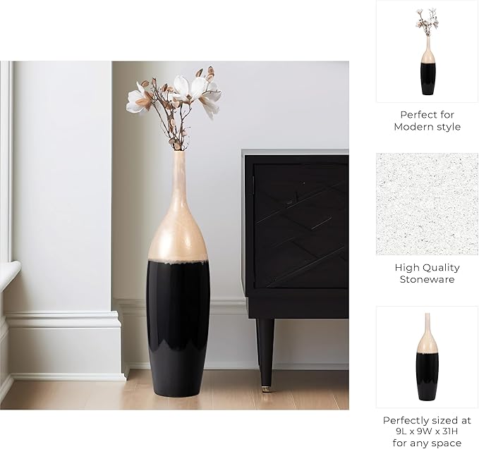 Ceramic Vase for House and Bedroom Decor– Elegant Flower Vase for Table and Room Accent – Modern Floor Piece for Living Room, Home, and Office Decor Display - 31" White & Black