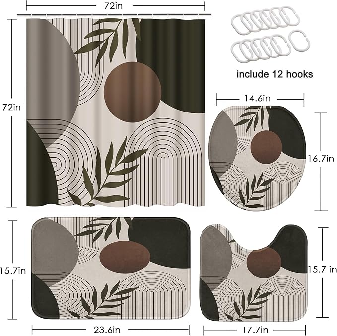 Boho Shower Curtain Set with Toilet Lid Cover and Non-Slip Rugs, Vintage Brown and Beige Tan Taupe Minimalist Geometric Mid Century Leaf 4 Pcs Shower Curtain for Bathroom Set with 12 Hooks