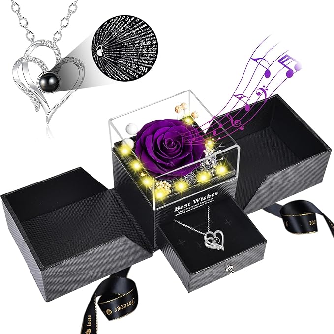 Christmas Birthday Gifts for Women - Preserved Real Rose with I Love You Heart 100-Language Necklace, LED Lights & Music Gift Box, Christmas for Women Girlfriend Mom