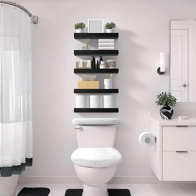 Sorbus Floating Shelves for Wall – 16 Inch Floating Shelf for Kitchen, Bedroom, Living Room, Bathroom, Home & Wall Decor - Mounted Bathroom Shelves with Invisible Brackets (Black, 5 Pack)