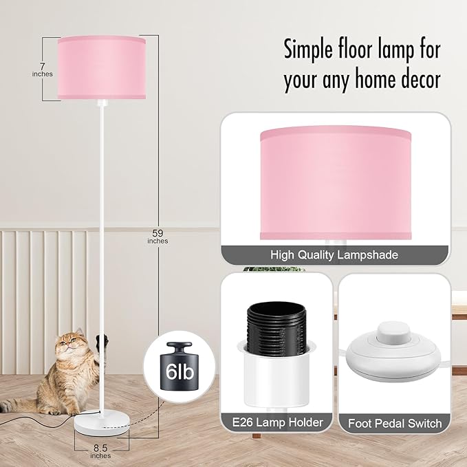 Floor Lamp, Standing Lamp, Short Floor Lamps with Pink Lampshade, 59" Tall Lamps for Bedroom, Foot Switch, Simple Corner Pole Lamp for Kids Room, Girls Room, Living Rooms, Office(NO Bulb, E26 Base)