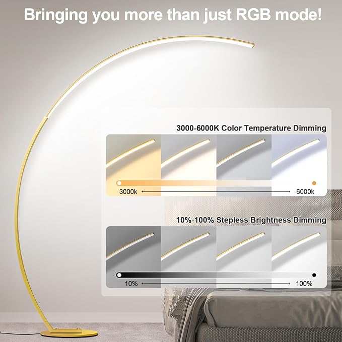 RGB Floor Lamp with 3 Color Temperatures, Ultra Bright 1800LM Smart Arc LED Floor Lamp with Remote Control, Music Sync, Scene Modes, Modern Standing Tall Lamp for Bedroom Living Room Gaming Rooms-Gold