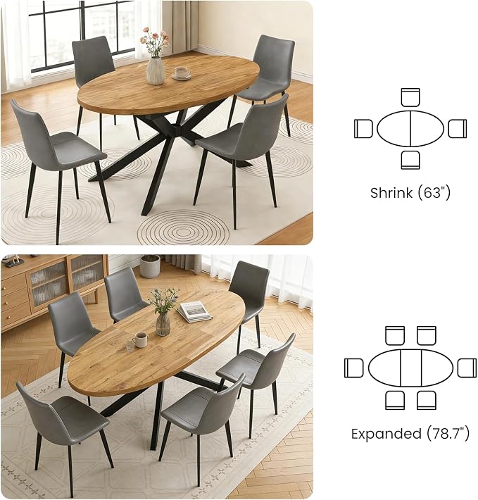 63"-78.7" Extendable Round Dining Table Set for 6, 7 Piece Mid Century Modern Oval Kitchen Table Set, Large Dining Table with 6 Dining Chairs for Living Room Space Saving（Walnut Table+6 Grey Chairs)