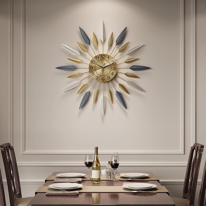 Cuspin 30 Inch Large Wall Clock, Mid Century Modern Silent Non Ticking Battery Operated Sunburst Wall Clock, Decorative Metal Gold Clocks for Living Room, Dining Room, Bedroom, Office