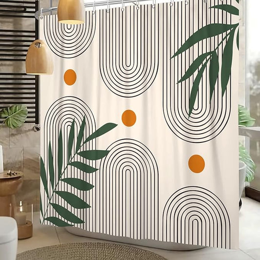 Boho Mid Century Shower Curtain Abstract Arch Geometric Sun Curve Rainbow Tropical Leaves Minimalist Shower Curtain Aesthetic Beige Bathroom Decor Fabric Curtains Set 60x72 inch