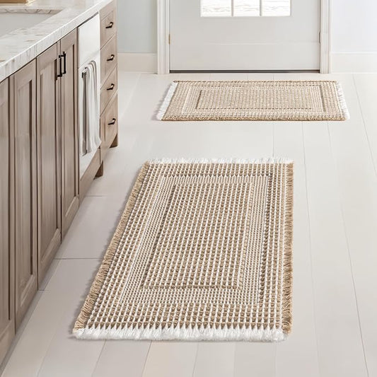MIULEE Set of 2 Waffle Bathroom Rugs, Boho Bath Rug Super Absorbent, Non Slip Washable Ultra Soft Rubber Backed Beige Bath Mats for Floor, Tub, Shower, Looped Design, Brown & Cream, 17x24 Inch