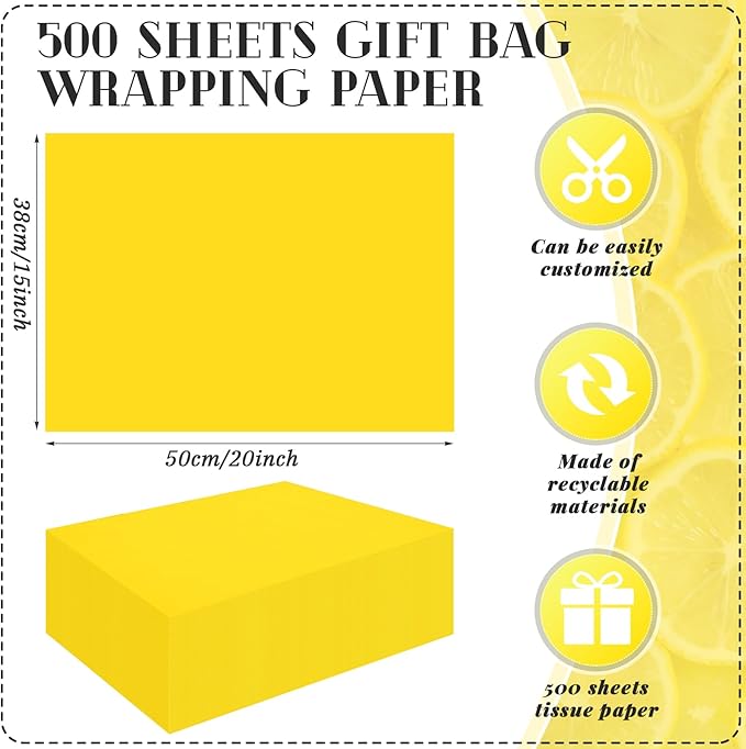 Qilery 500 Sheets Yellow Tissue Paper Bulk for Gift Bags 15 x 20 Inch Acid Free Christmas Packaging Wrapping Paper Sheets for Yellow Party Decoration DIY Craft, Bouquet, Pastry, Wedding