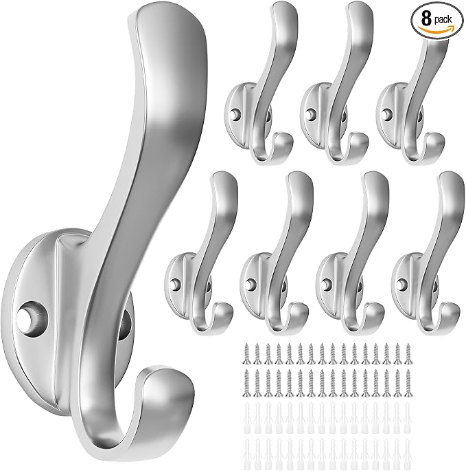 Coat Hooks Heavy Duty - Easy to Install Metal Towel Hooks Fashionable Wall Hooks for Hanging Hat, Towel, Key, Robe, Scarf, Bag, Cap (8 PCS Silver)