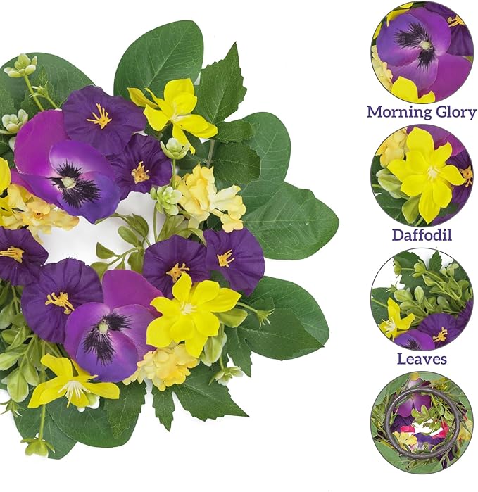 WELL KNOWN 2 Pcs Mini Spring Floral Candle Rings Wreaths for Pillars Home Table Window Decor, 9 Inches Artificial Flower Cabinet Wreath for Kitchen Farmhouse Wedding Party (Purple Morning Glory)