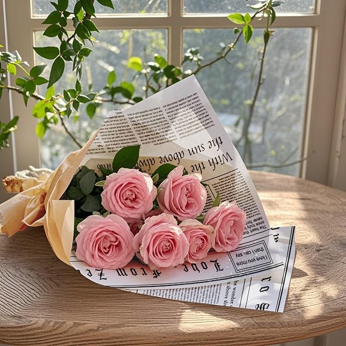 WRAPAHOLIC 20 Sheets Reversible Flower Wrapping Paper - 22 x 22 inch Lettering and Champagne Water-Resistant Floral Bouquet Wrapping Paper, Florist Supplies Packaging Paper for Wedding Gift DIY