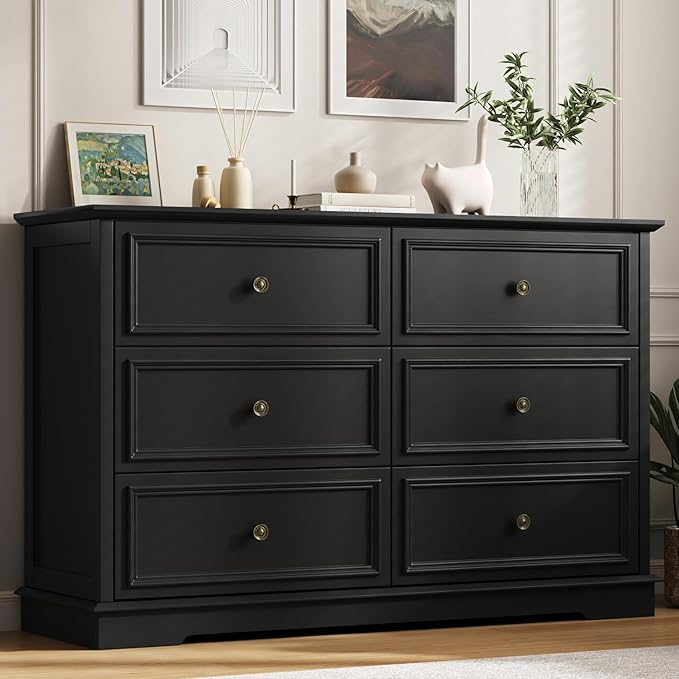 Modern 6 Drawer Dresser, Vintage Chest of Drawers with Metal Handle, Wooden Closet Dresser with Deep Drawers, for Living Room, Hallway, Black