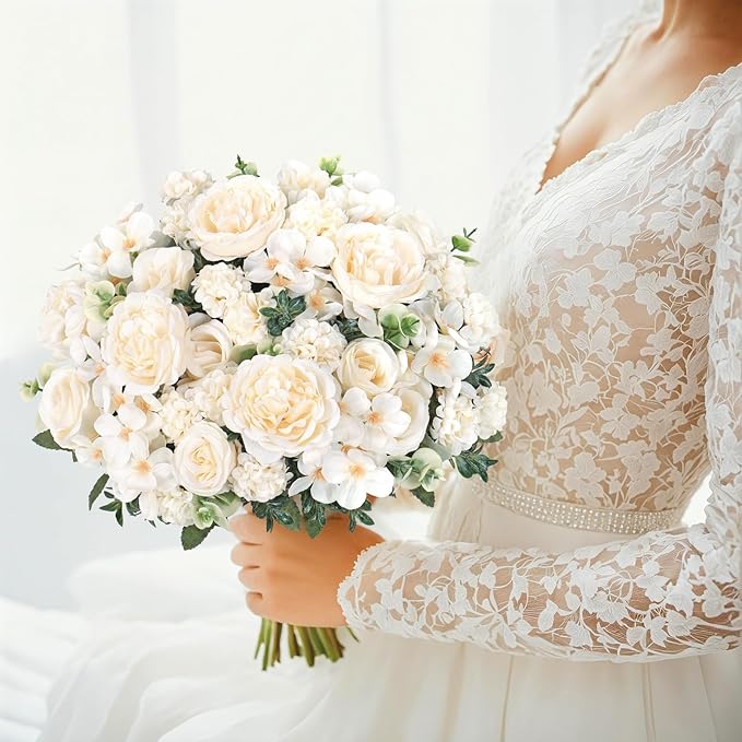 2 Bundles White Peonies Artificial Flowers Silk Flower Centerpieces for Tables Fake Flower Arrangements Bouquets Mixed Roses Hydrangea with Stems for Wedding Bridal Bouquets Home Table Decor