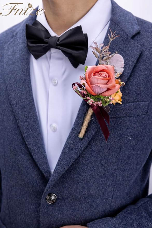 Fnize Orange Pink Corsage and Boutonniere Set, Artificial Rose Boutonniere and Wrist Corsage Flower for Bride Groom Bridesmaids Groomsmen Wedding Homecoming Prom Flowers