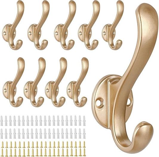 10 Pack Coat Hooks Wall Mount Heavy Duty Utility Retro Double Hooks for Hanging Coats,Hat, Towel, Key, Robe, Scarf, Bag, Cap (Gold)