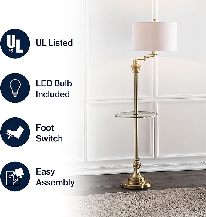 JONATHAN Y 60" Brass Gold Floor Lamp with Integrated Glass Side Table, Modern Swing Arm Standing Lamp for Living Room, White Linen Shade, LED Bulb Included JYL3055A