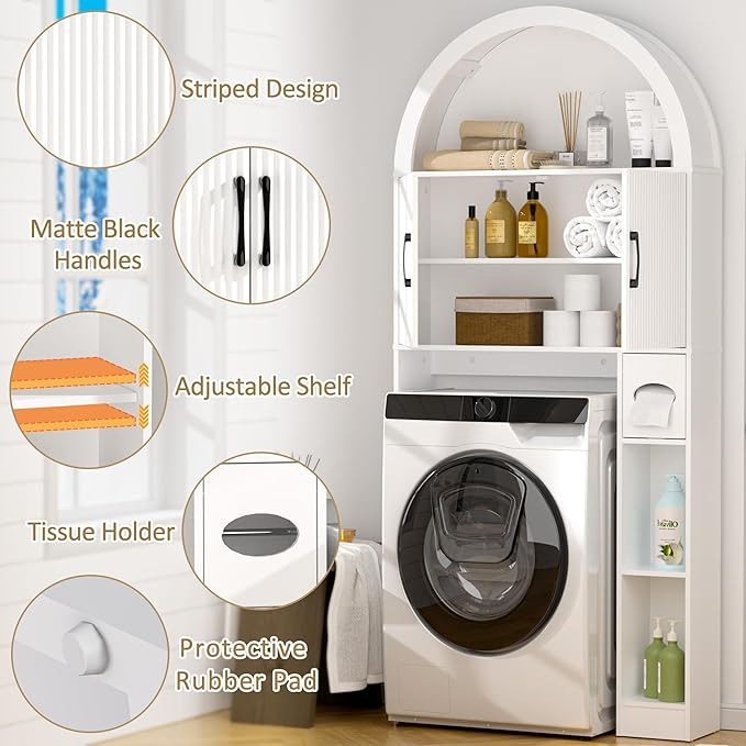 Spurgehom Over The Toilet Storage Cabinet, Bathroom Shelf Organizer Freestanding, Bathroom Arch Cabinet Over Toilet with Toilet Paper Holder and Anti-Tipping Device, White