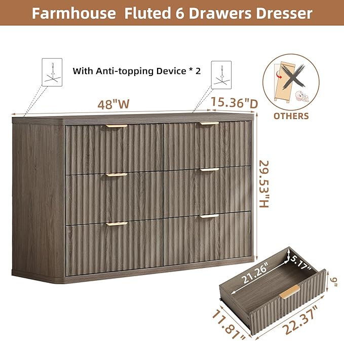 LEYAOYAO Fluted 6 Drawers Dresser Set of 2, 48" Wide Modern Chest of Drawers with Wood Grain Top, Curved Profile Design, Dresser TV Stand, Wooden Drawer Organizer for Bedroom, Living Room,Hallway,Grey