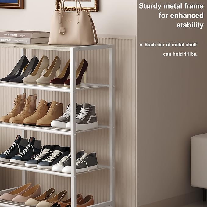 HOMEFORT 5-Tier Shoe Rack, Storage Shelf, Industrial Tower, Narrow Organizer for Closet Entryway, Small Table With Durable Metal Shelves, White Oak