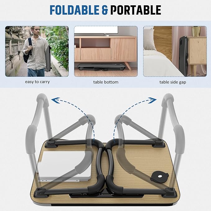 Fayquaze Laptop Bed Table, Portable Foldable Laptop Bed Desk with Storage Drawer and Cup Holder, Lap Desk Lap Stand Tray Table Floor Table Serving Tray for Eating, Reading and Working