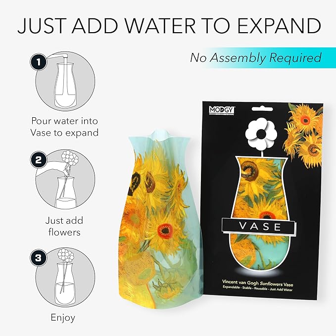 MODGY Expandable Flower Vase, Plastic Decorative Modern Foldable Printed Vases for Centerpieces for Wedding, Dining Table, Home Decor, Living Room, Bathroom, Sunflowers, Vincent Van Gogh, 2 Pack